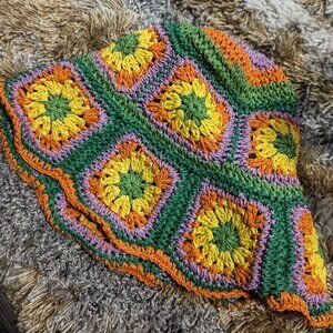 Hand Knit Boho Hollow Out Hat Crochet Bucket Hat Wide Brim Flower